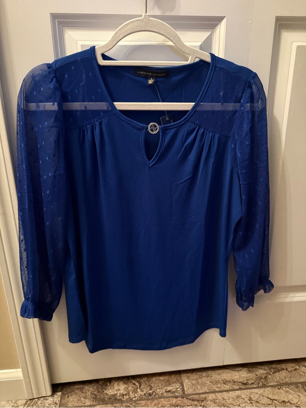 Adrienne Vittadini Cobalt Blue Mesh-Sleeve Keyhole Top